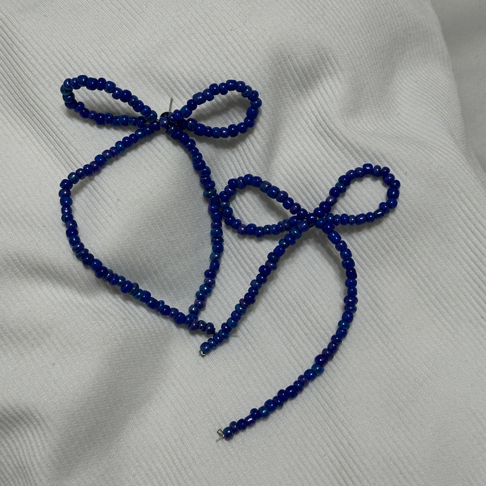 Blue Beaded Bow Earrings